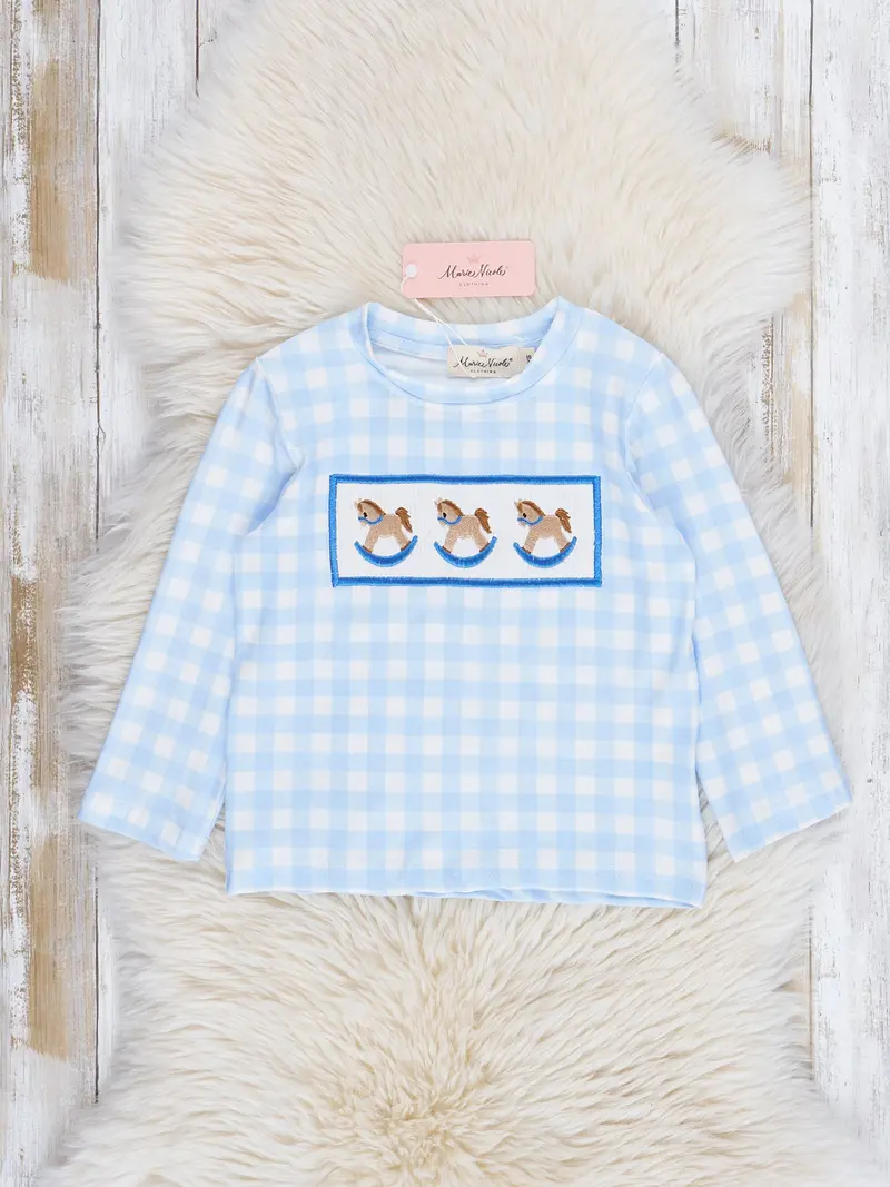 Light Blue Plaid Rocking Horse Embroidered Shirt 1