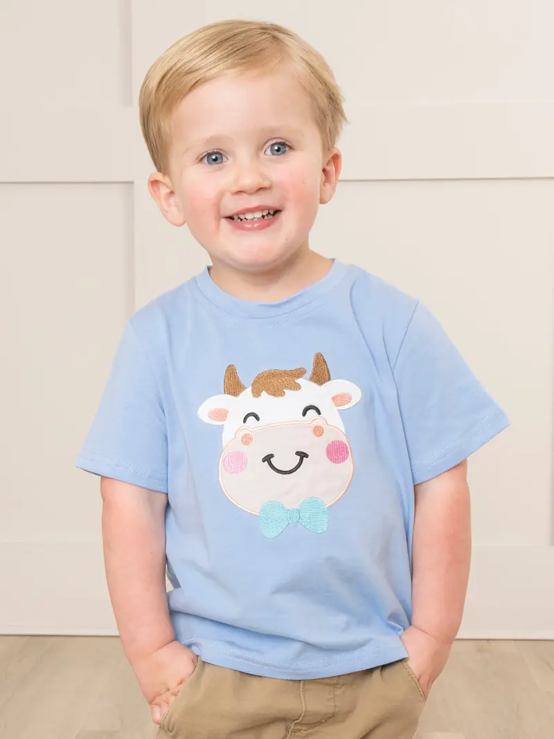 Light Blue Sweet Cow Embroidered Short-Sleeve Shirt 1
