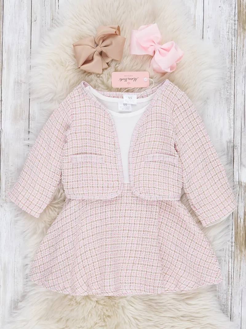 Light Pink Gingham Dress And Cardigan Two-Piece Set 1