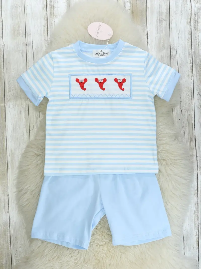 Lobster-Print Smocked Outfit With Blue Stripes 1