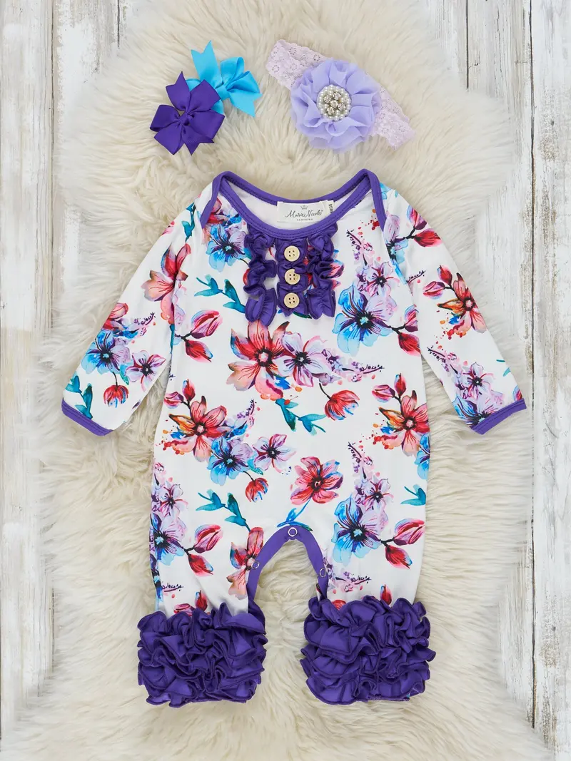 Long-Sleeve Violet Orchid Watercolor Romper With Icing Accents 1