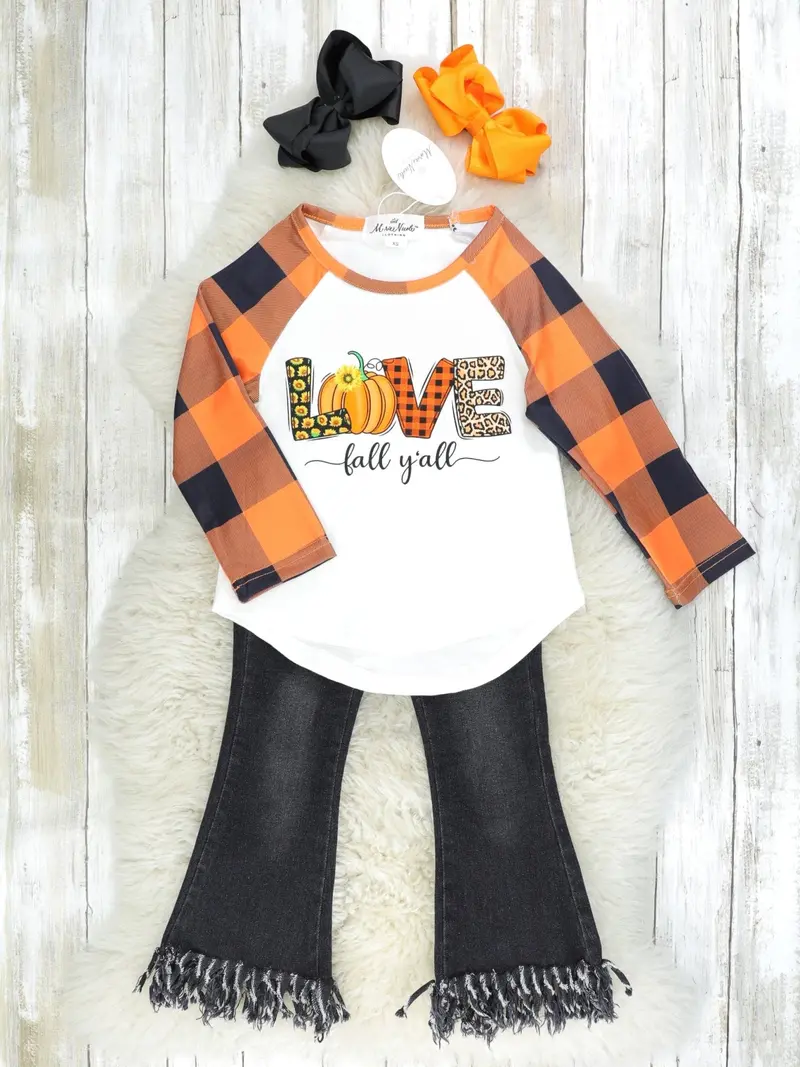"Love Fall Y'All" Statement Top With Denim Fringe Pants 1