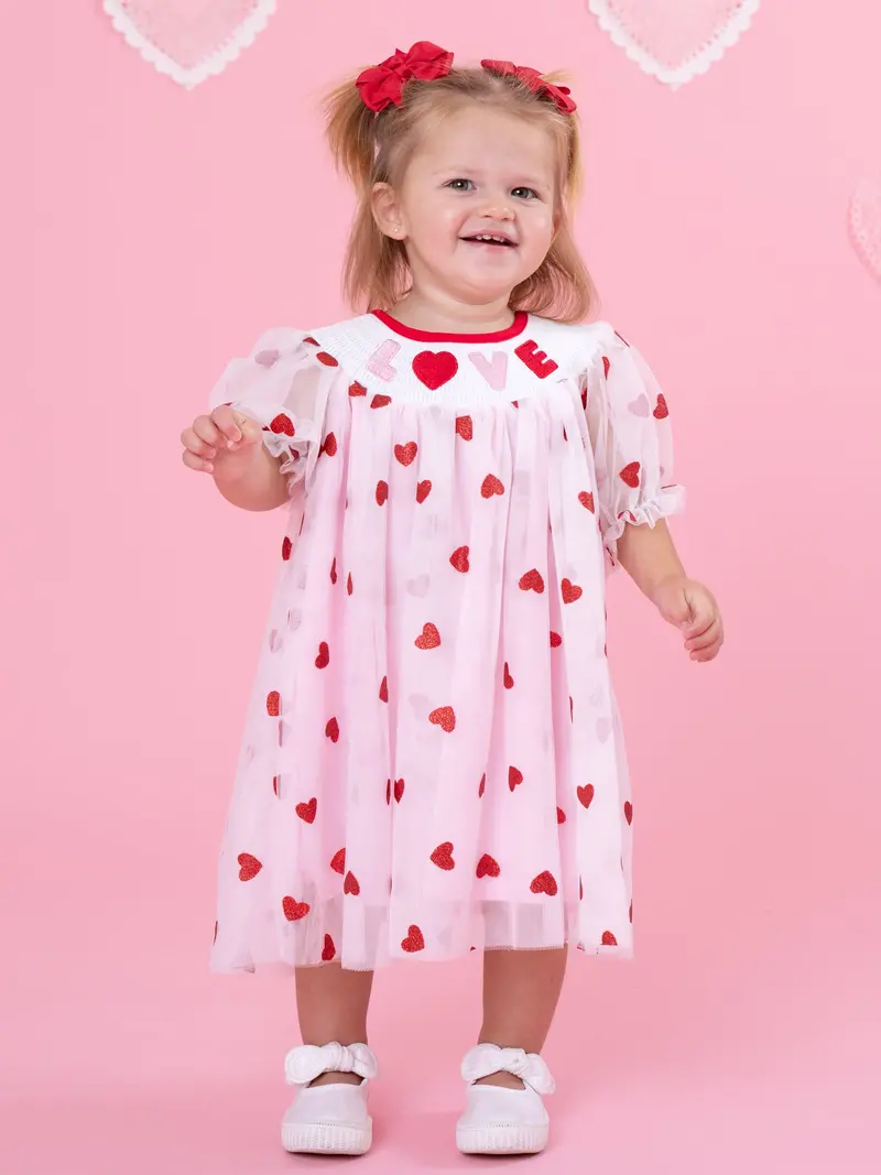Love Letters Puff Sleeve Smocked Tulle Dress For Girls 1
