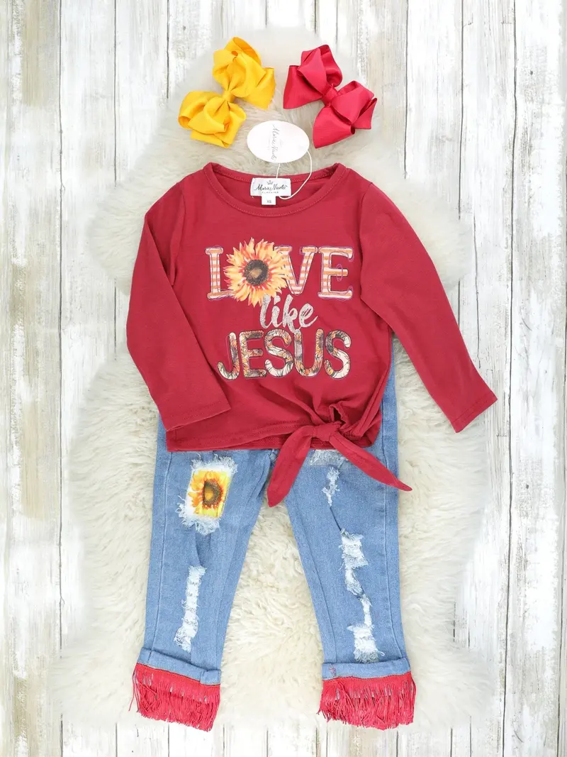 "Love Like Jesus" Sunflower Print Top With Fringed Denim 1
