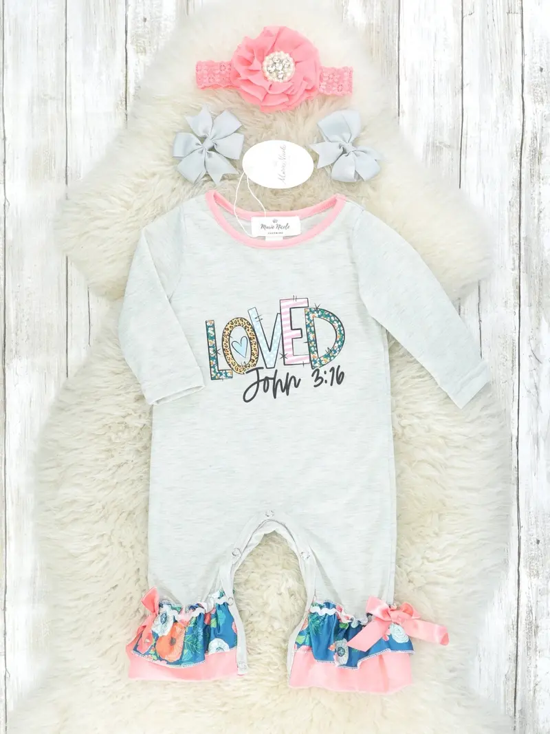 "Loved" Pink And Navy Floral Ruffle Romper 1