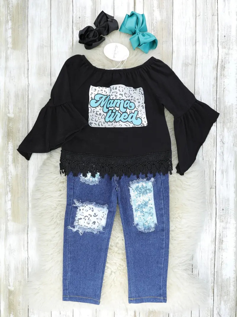 "Mama Tired" Graphic Top With Distressed Denim Set 1
