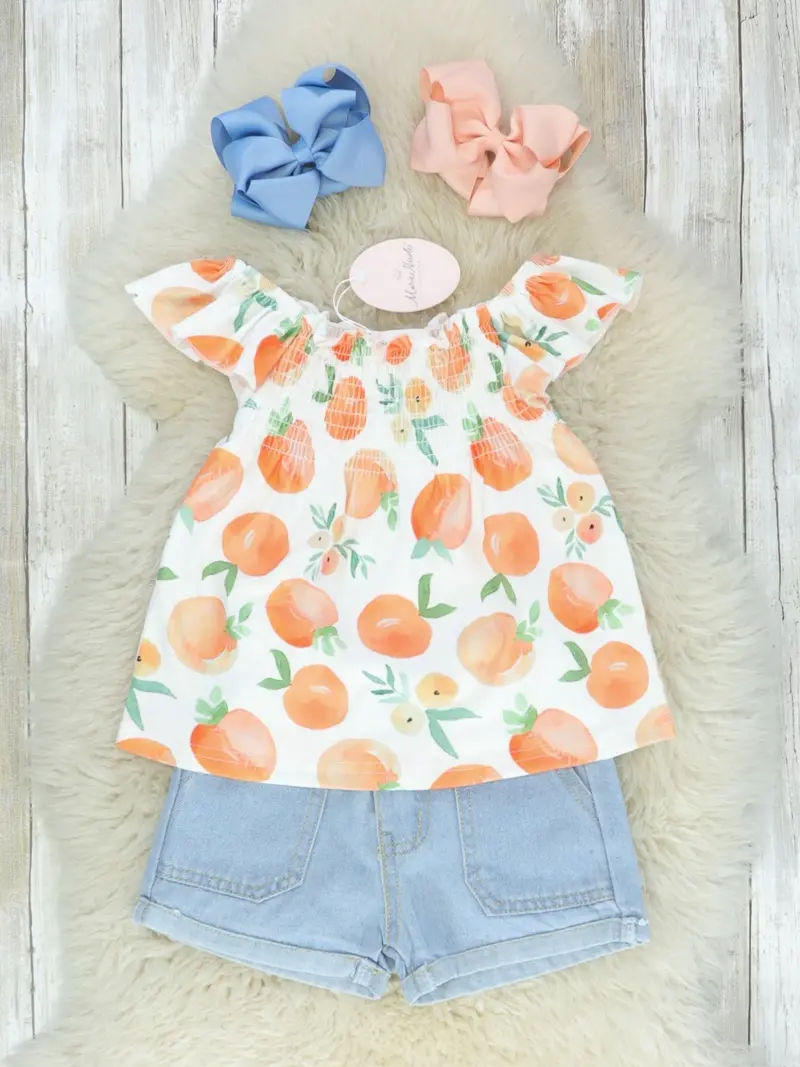 Mandarin Orange Ruffle Top With Denim Shorts 1