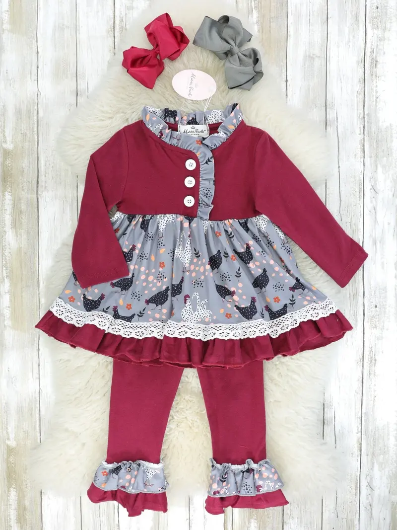 Maroon And Grey Chicken Motif Ruffle Ensemble 1
