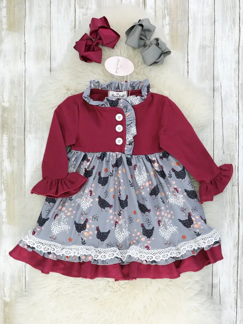 Maroon And Grey Chicken Pattern Ruffle Dress 1