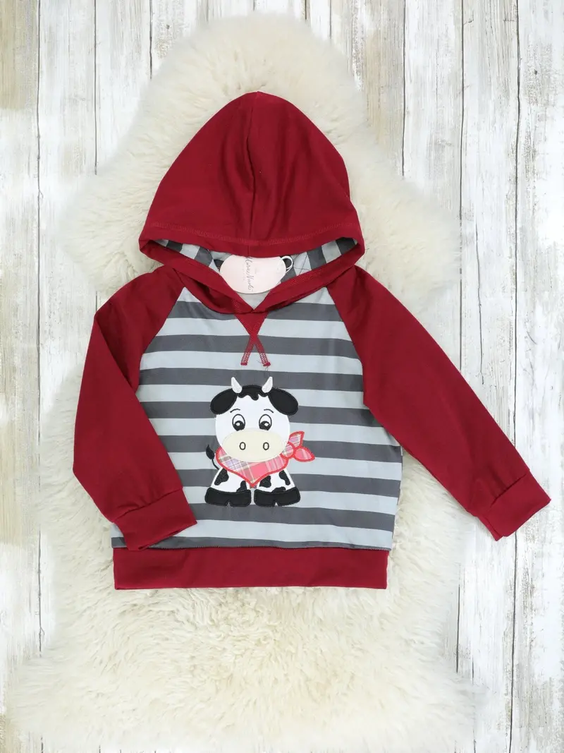 Maroon And Grey Striped Cow Hoodie For Toddlers 1