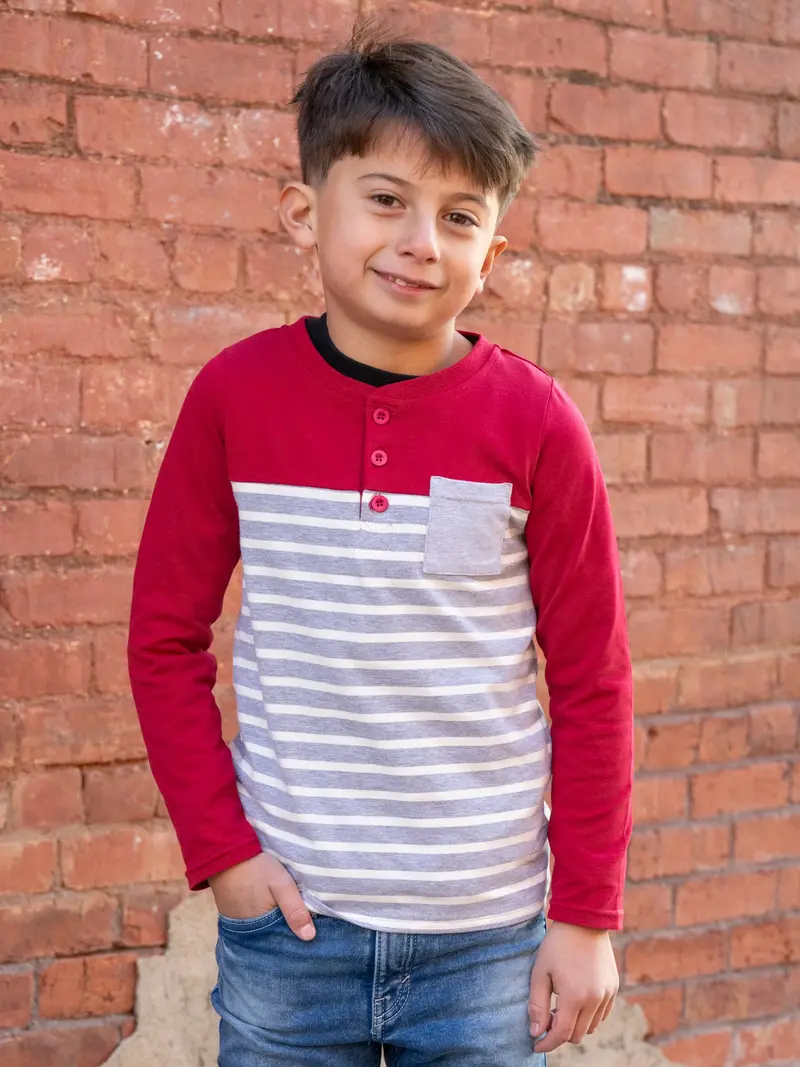Maroon-And-Grey Striped Henley With Front Pocket 1