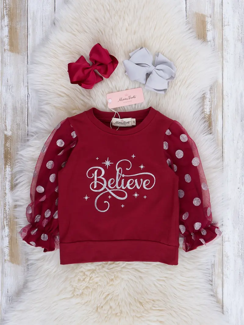 Maroon Believe Polka Dot Top For Kids 1