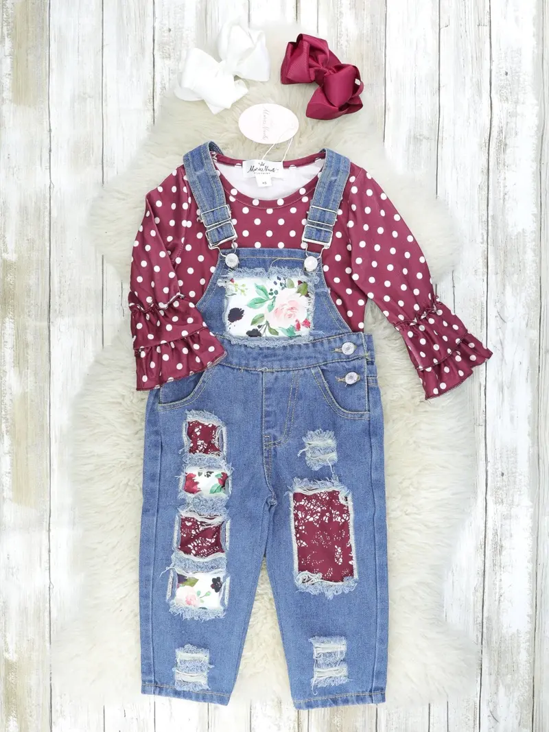 Maroon Polka Dot Ruffle Top With Distressed Denim Overalls 1