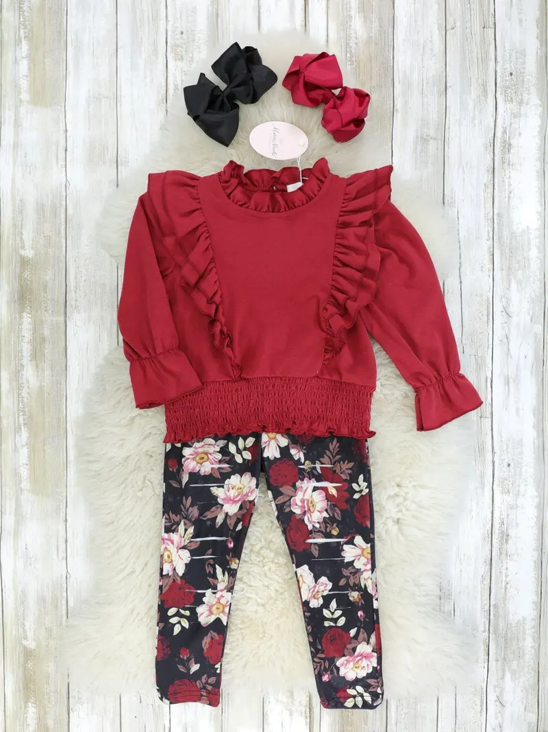 Maroon Smocked Long-Sleeve Top With Floral Bottoms 1