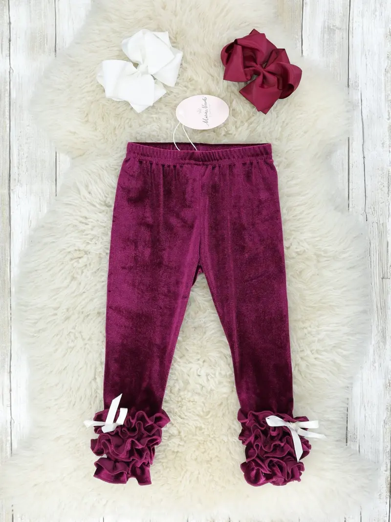 Maroon Velvet Ruffle-Leg Detail Leggings 1
