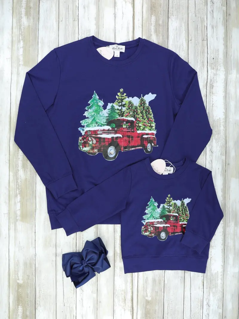 Matching Mom And Child Crewneck – Navy Christmas Truck Print