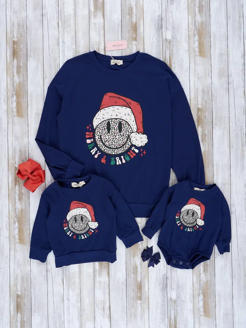 Matching Mom And Child "Merry & Bright" Blue Crewneck Tops 1