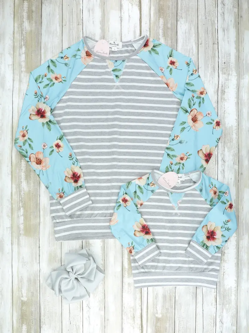 Matching Mom And Child Teal Grey Floral Striped Shirt Set