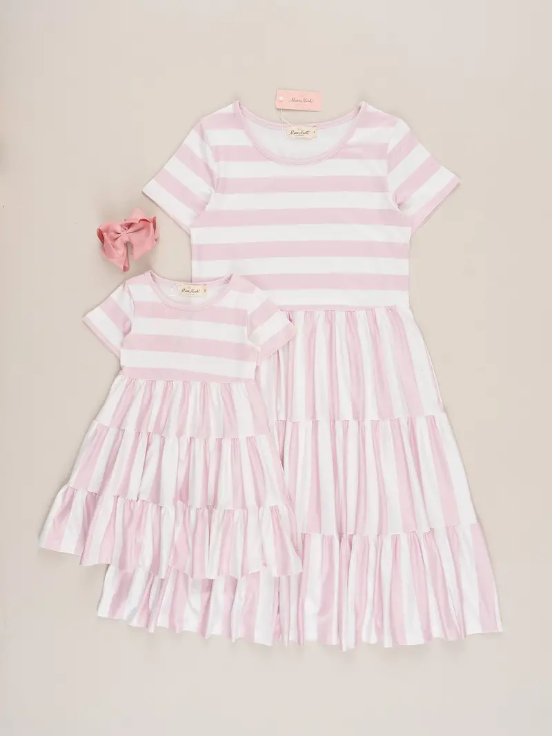 Mauve Striped Mom And Daughter Swing Dress Set 1