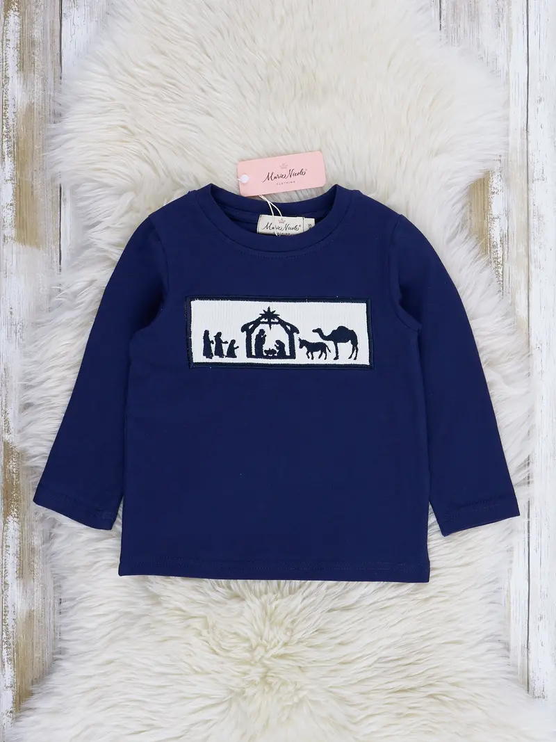 Midnight Blue Smocked Nativity Crew Neck Top 1