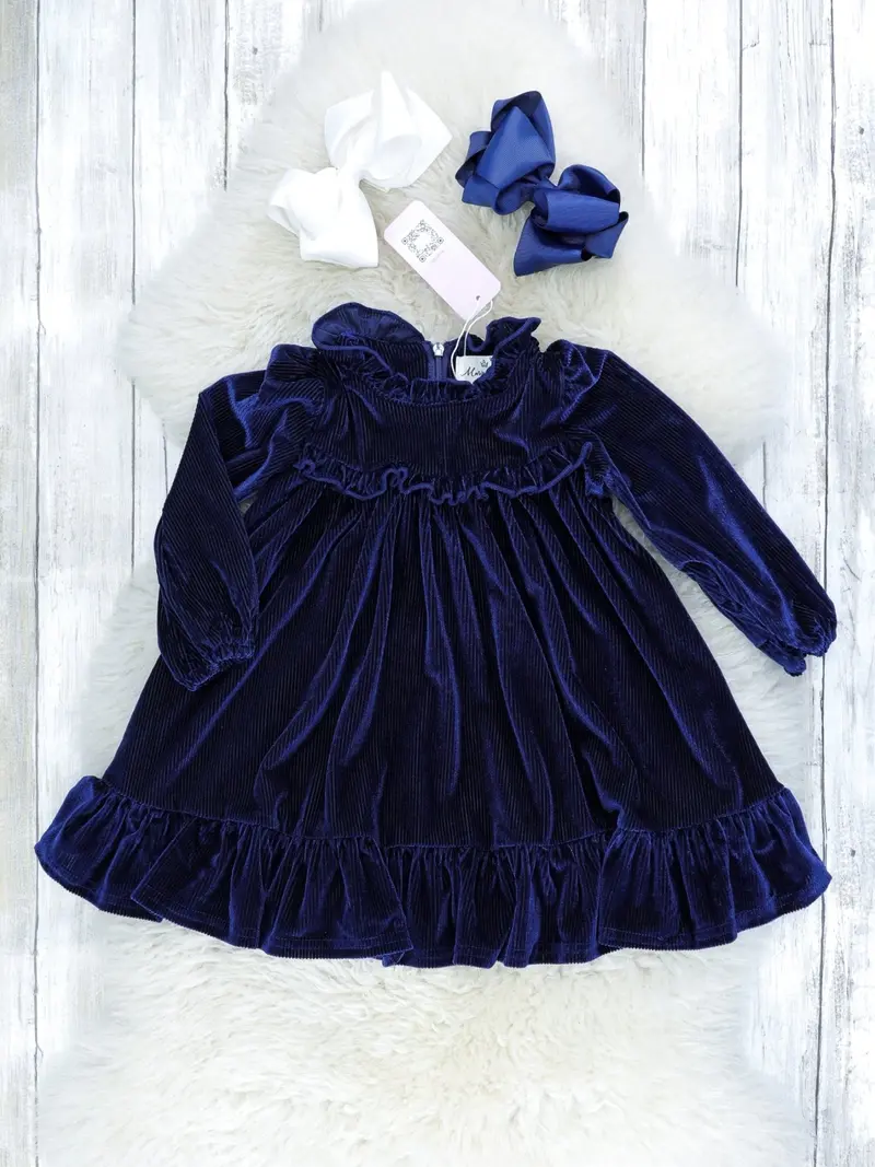 Midnight Blue Velvet Ruffle Dress For Girls 1
