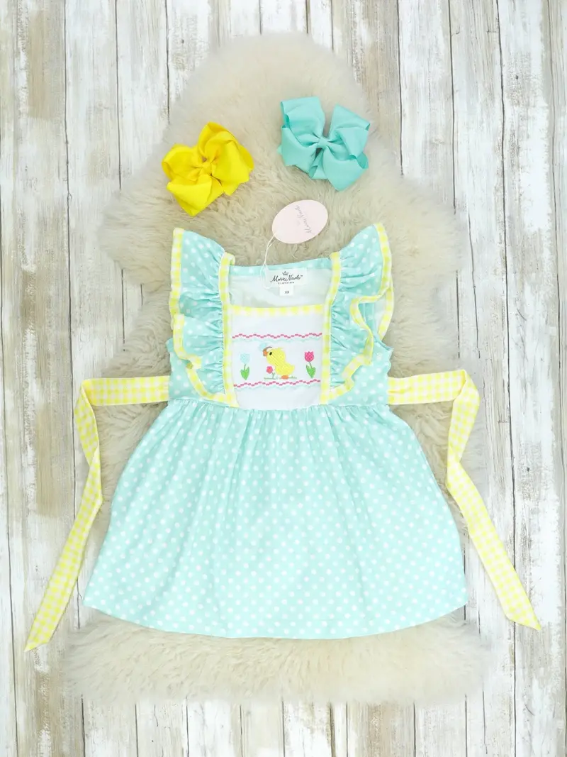 Mint And Yellow Duckling Flutter-Sleeve Dress Set For Mom And Child 1