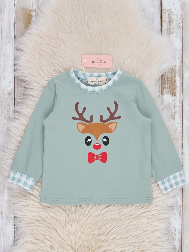 Mint Gingham Reindeer Short-Sleeve Top 1