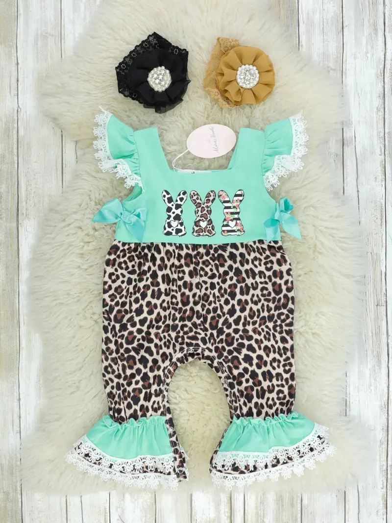 Mint Leopard Bunny Ruffle Romper 1
