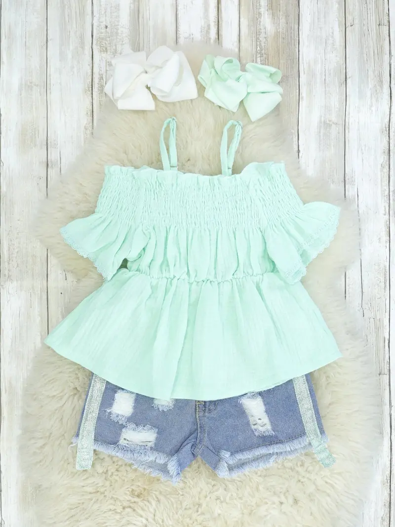 Mint Peplum Top And Distressed Denim Set 1