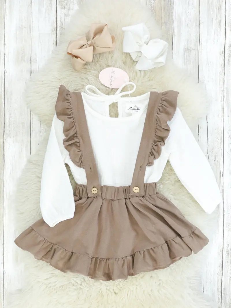Mocha And White Suspender Skirt Outfit Set For Mom And Child 1