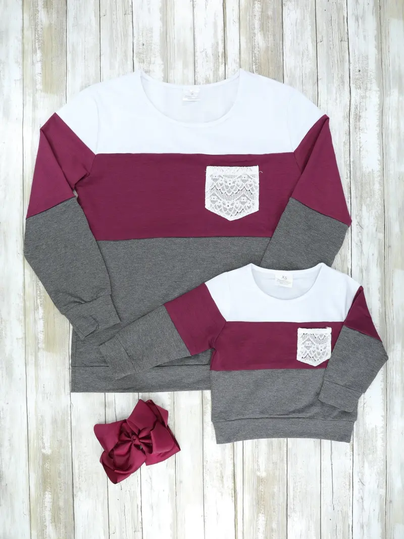 Mom-And-Me Color-Blocked Lace-Pocket Crewneck Sweatshirt