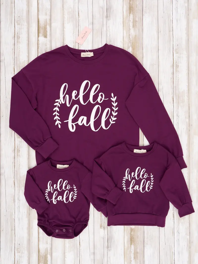 Mom-And-Me "Hello Fall" Plum Crewneck Top Set 1