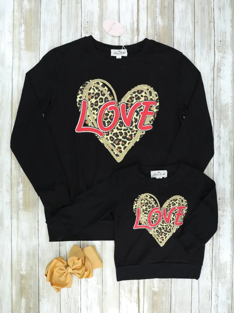 Mom And Me Love-Themed Leopard Black Graphic Shirt Set 1