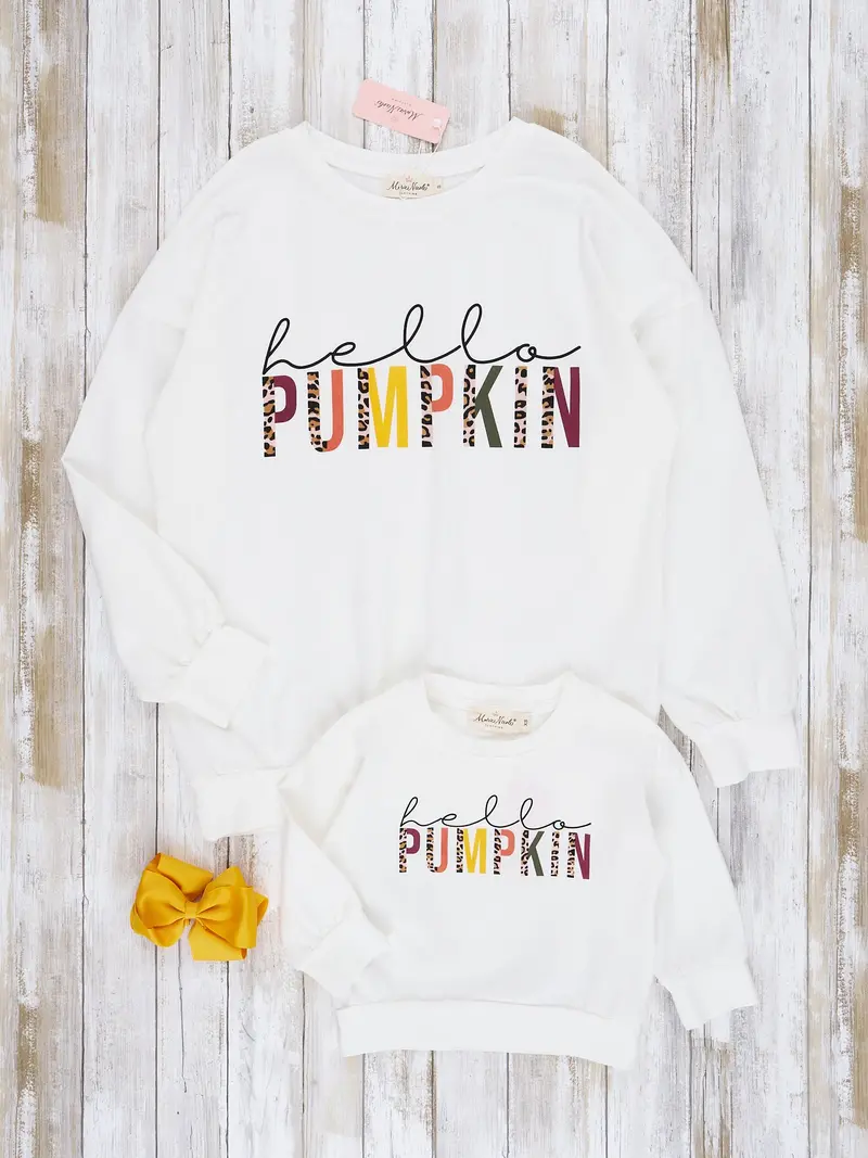 Mom And Me Matching White "Hello Pumpkin" Crew Neck Tops 1