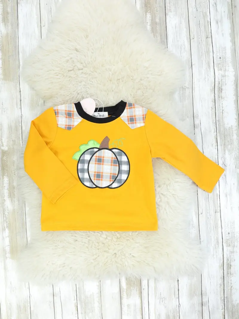Mustard Plaid Long Sleeve Pumpkin Shirt For Kids 1