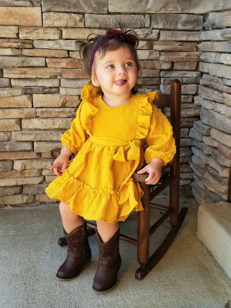 Mustard Swiss Dot Ruffle Dress For Little Ones 1