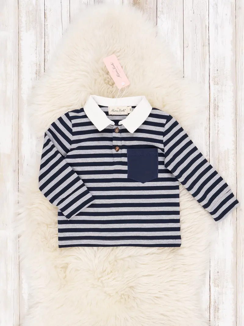 Navy And Grey Striped Polo Shirt With Patch Pocket 1