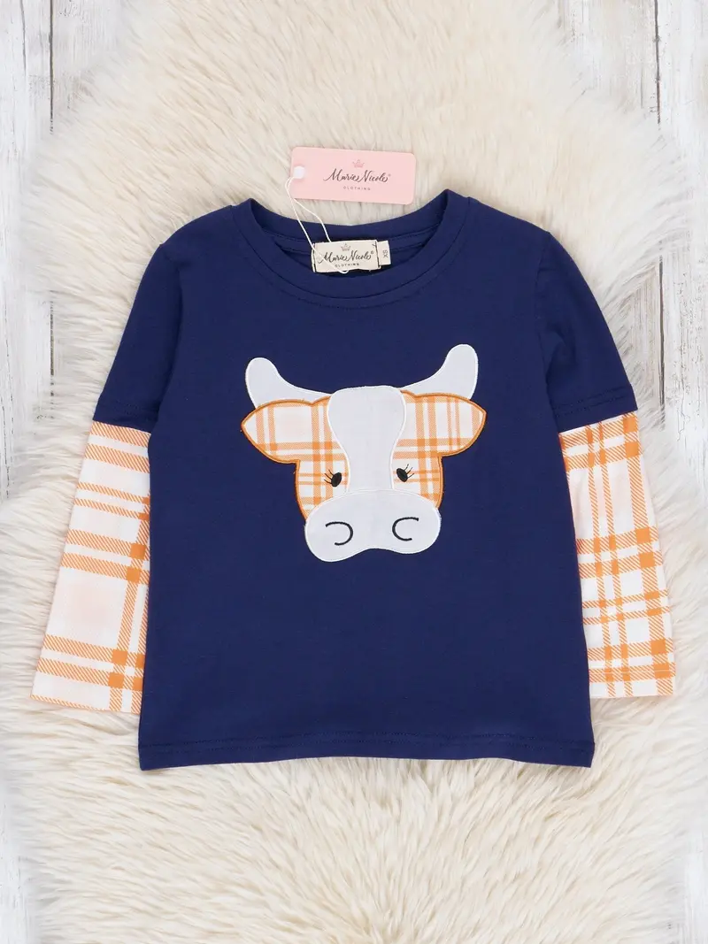 Navy And Orange Plaid Cow-Embroidered Graphic Shirt 1