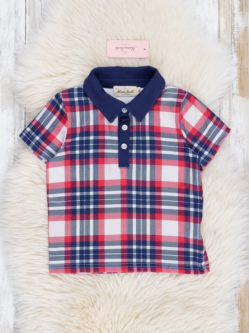 Navy And Red Plaid Short-Sleeve Polo Shirt 1