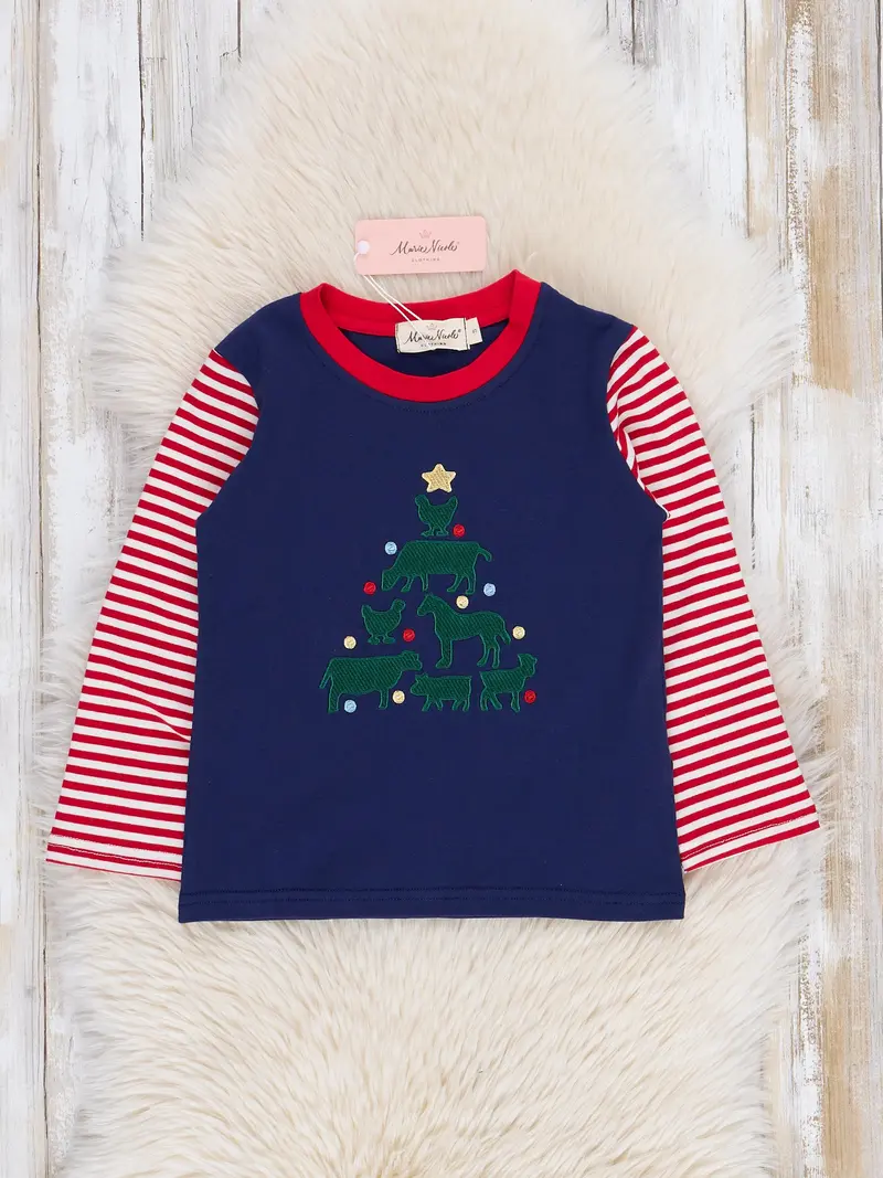 Navy And Red Striped Embroidered Tree Raglan Top 1