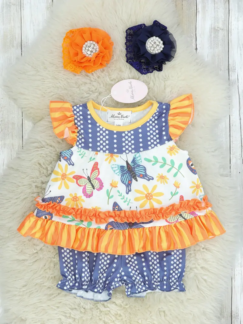 Navy Butterfly Polka Dot Ruffle Outfit For Toddlers 1