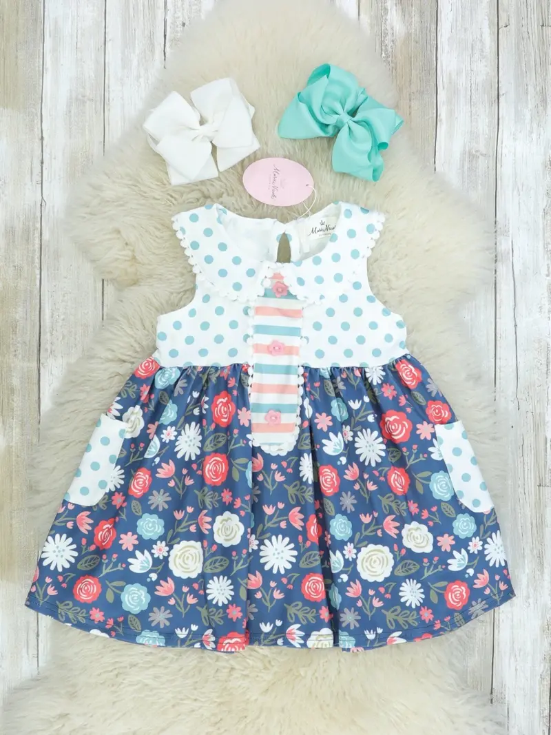 Navy Dress With Floral And Polka Dot Print 1
