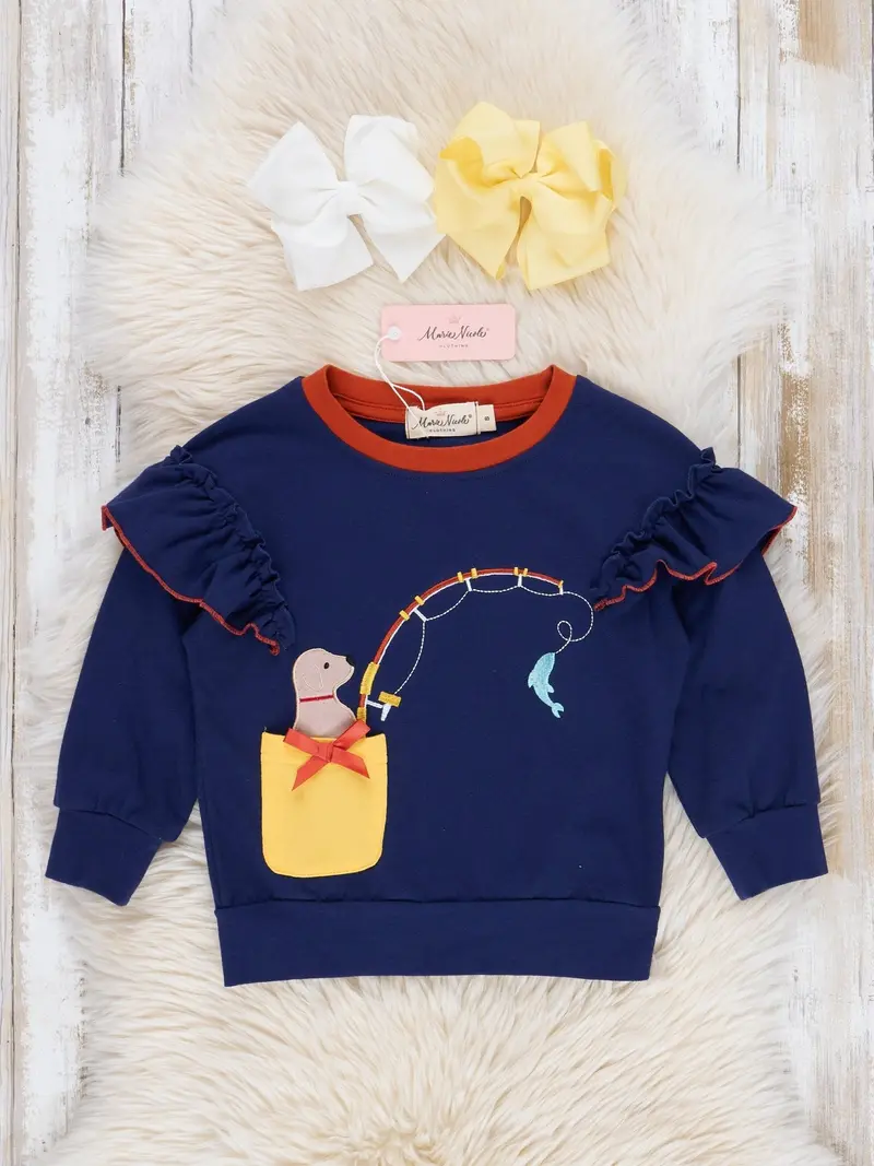 Navy Fishing Puppy Embroidered Ruffle Top For Babies 1