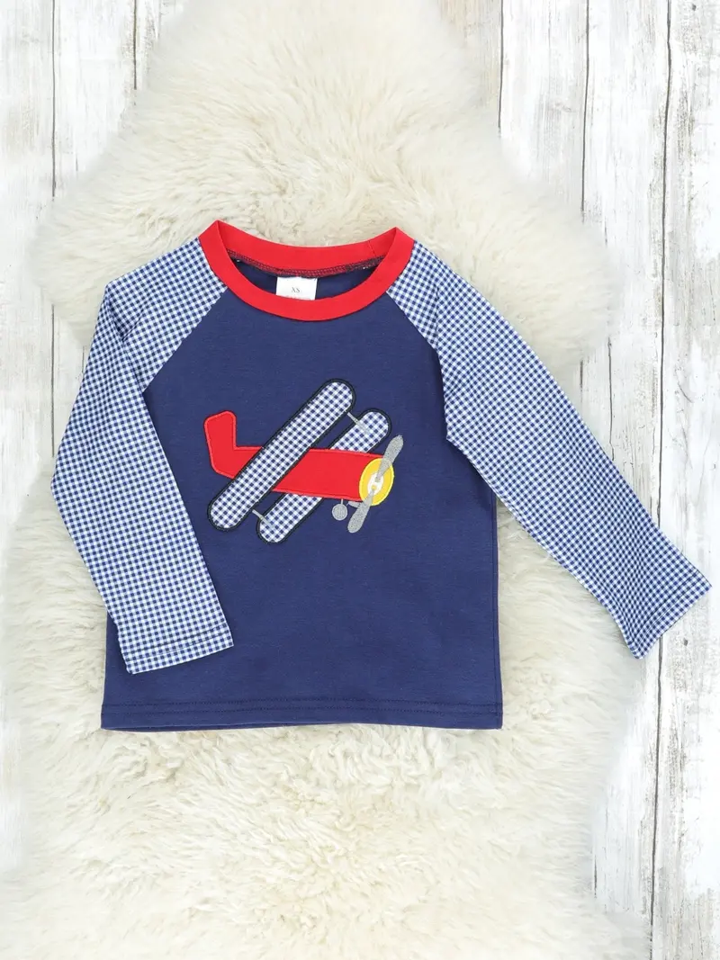 Navy Gingham Airplane Raglan Tee For Little Ones 1