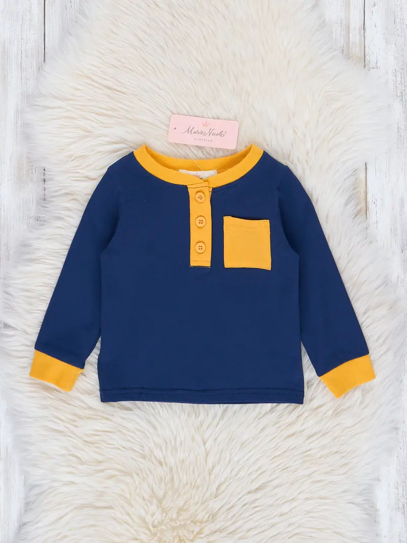 Navy Henley Featuring Yellow Pocket Accent 1