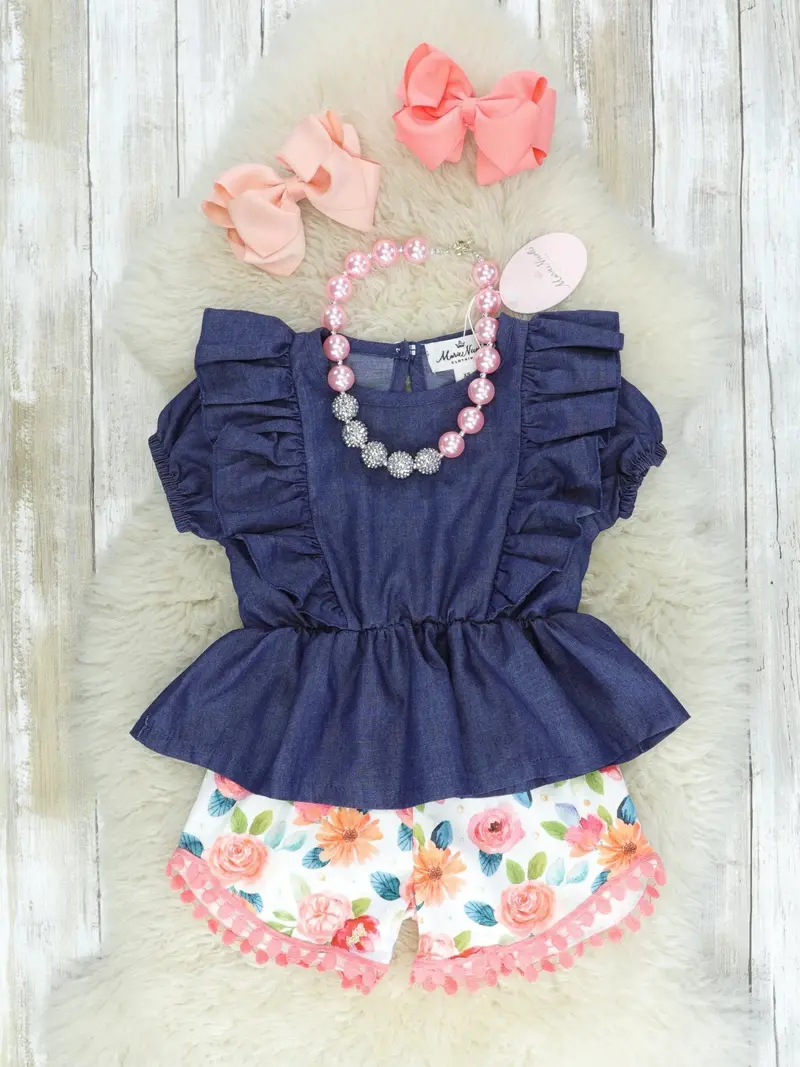 Navy & Pink Floral Ruffle Shorts Ensemble 1