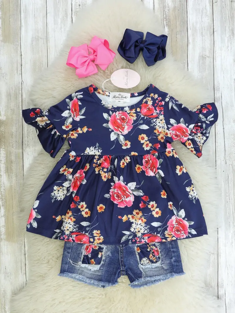 Navy & Pink Floral Tunic With Distressed Denim Shorts Set 1