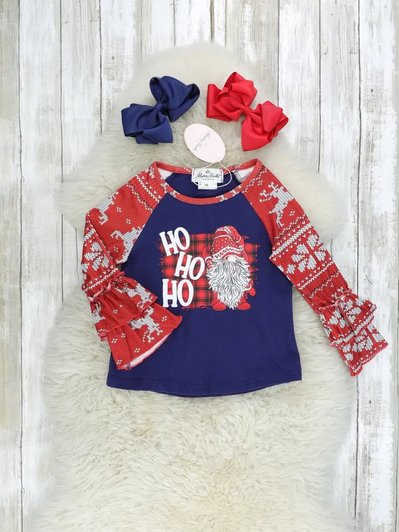 Navy Raglan Shirt – Festive "Ho Ho Ho" Ruffle Trim 1