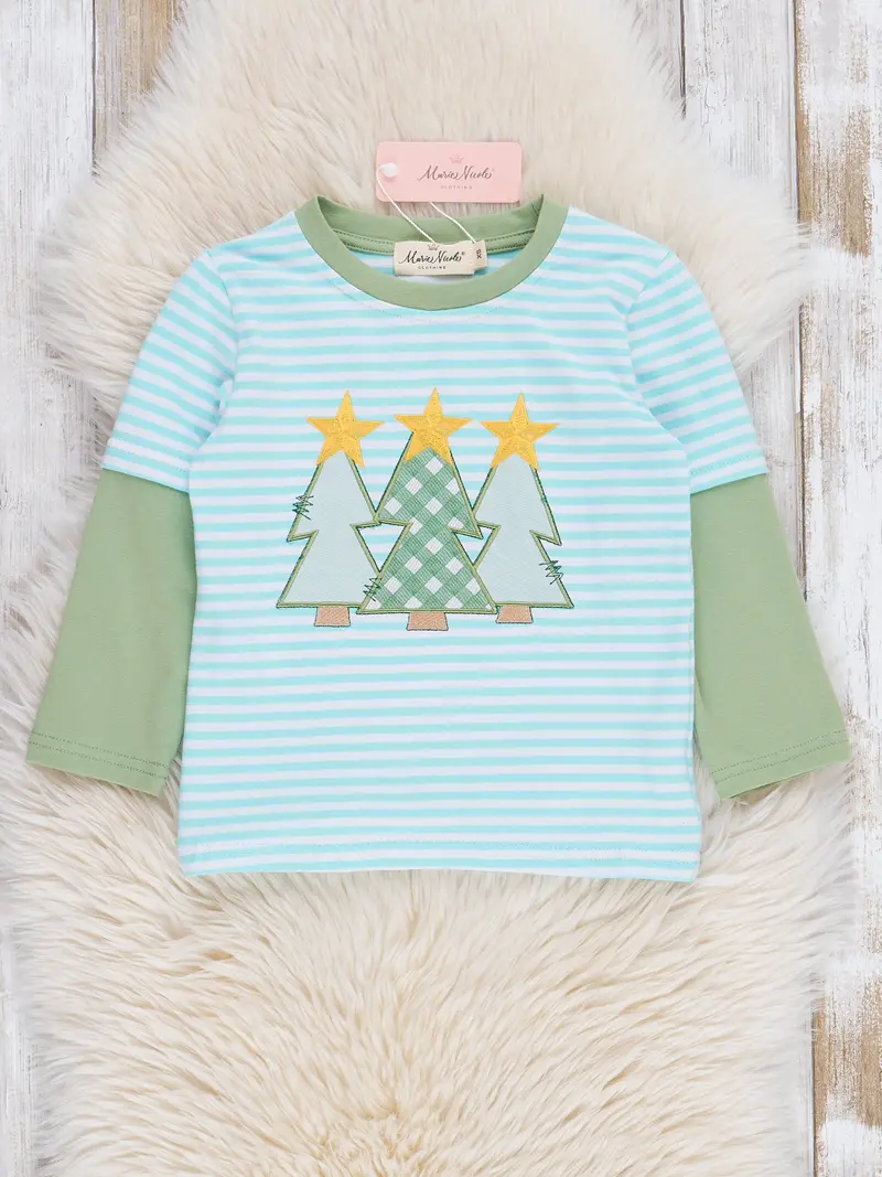 Olive And Blue Striped Christmas Tree Baby Shirt 1