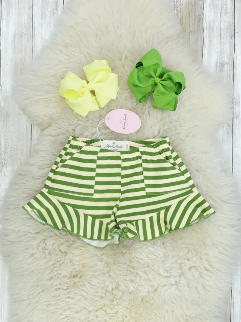 Olive And Cream Striped Pocket Ruffle Shorts 1